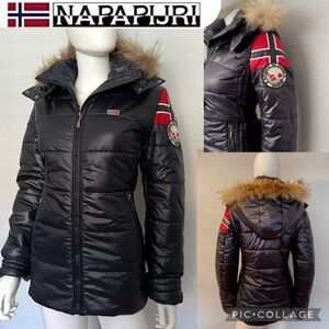 WOMEN JACKET PUFFER REAL RACCOON FUR TRIM HOOD PARKA NAVY COAT ZIP BY NAPPAPIJRI